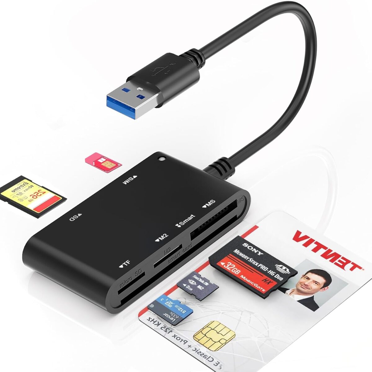 Rocketek SIM Card Adapter CAC Smart Card Reader MS Pro Duo/SD/TF/M2/ID/IC/PIV/SIM Card Reader