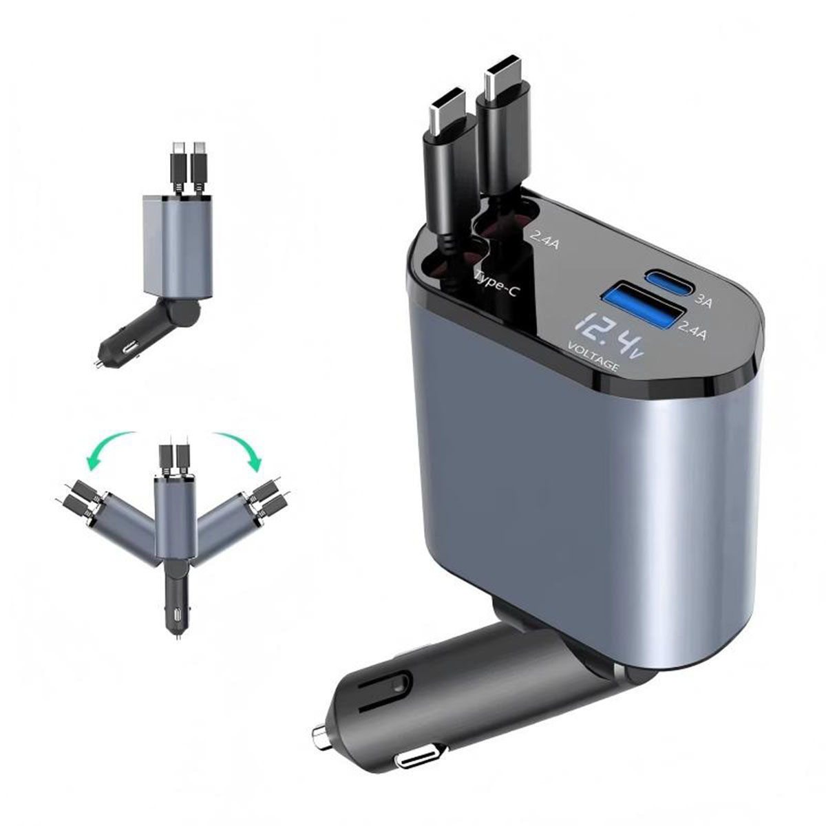 Rocketek 120W Retractable Car Charger 4-in-1 Fast Car Charger