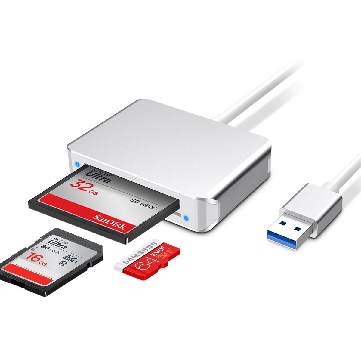 Rocketek SD Card Reader 3 in 1 USB-A SD/TF/CF Card Reader with USB Adapter