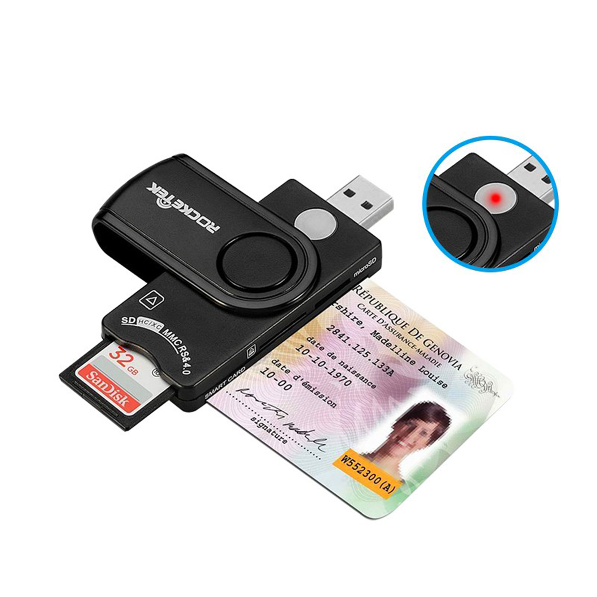 Rocketek USB Smart Card Reader Support Smart Card+SD+TF+MS+M2