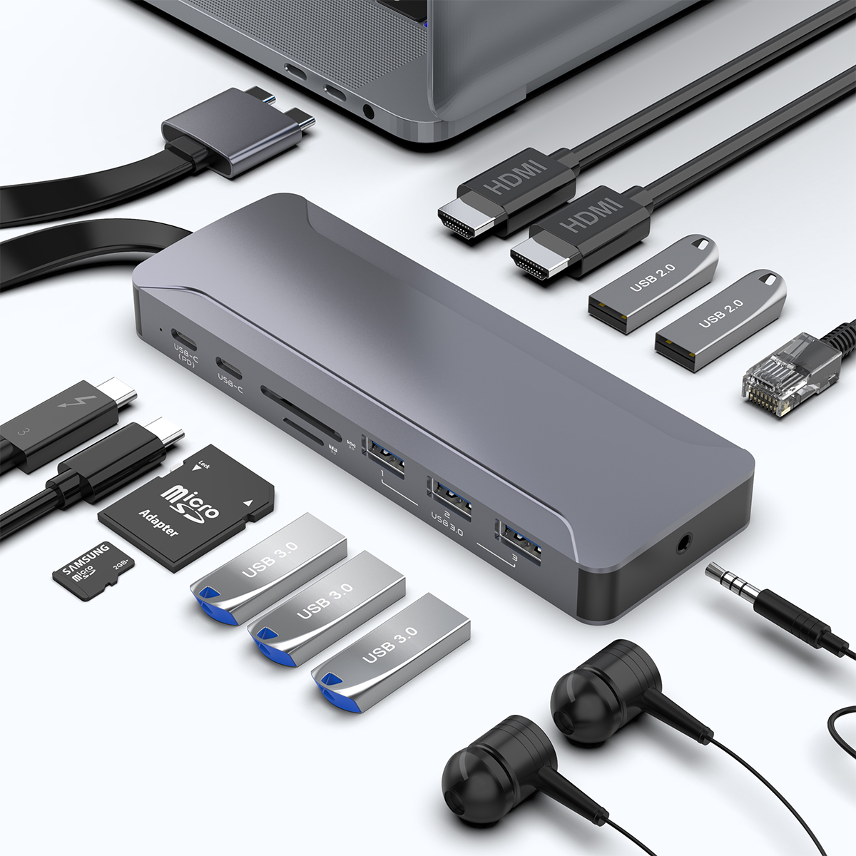 Rocketek USB C Adapter Docking Station Multiport 13 in 1 100W Fast Charging Dual HDMI 4K 60HZ RJ45 Type C 3.0