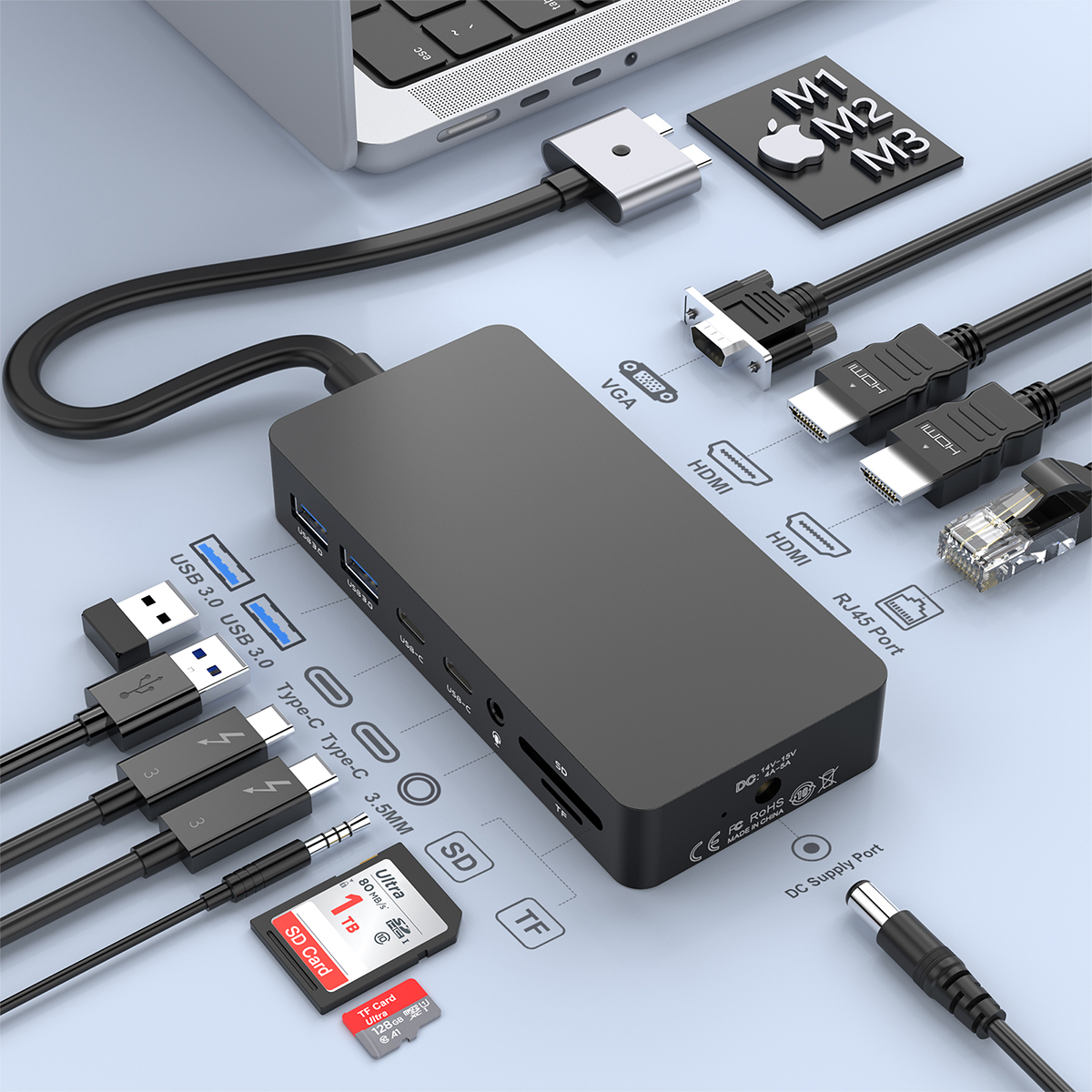 Rocketek Factory 12 Ports Docking Station compatible with Surface series laptops