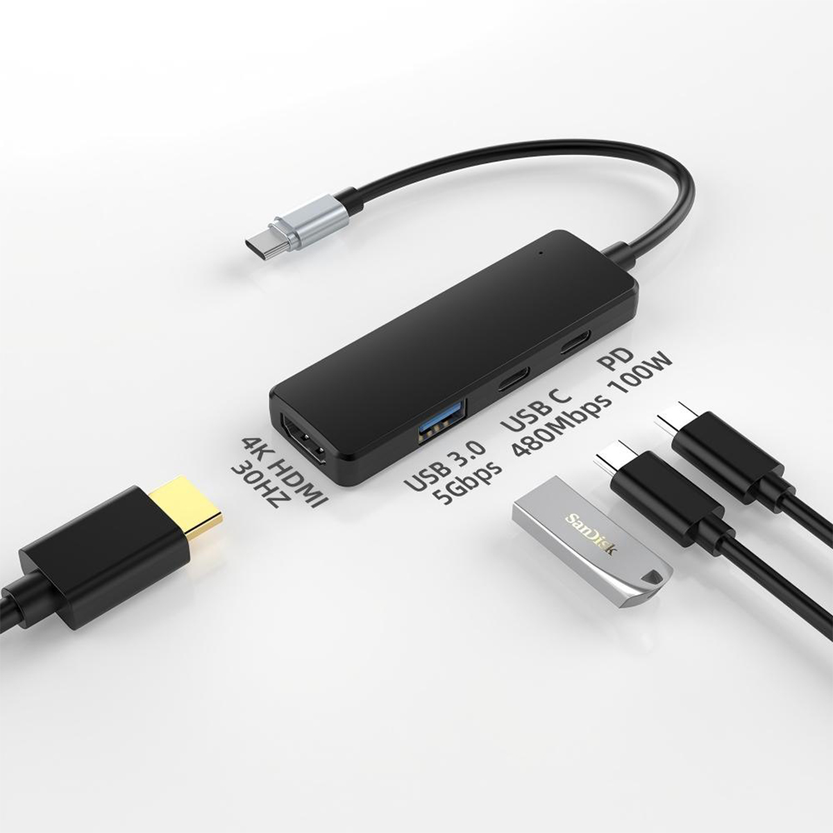 Rocketek 4 in 1 USB C Hub with 4K HDMI USB3.0 100W PD